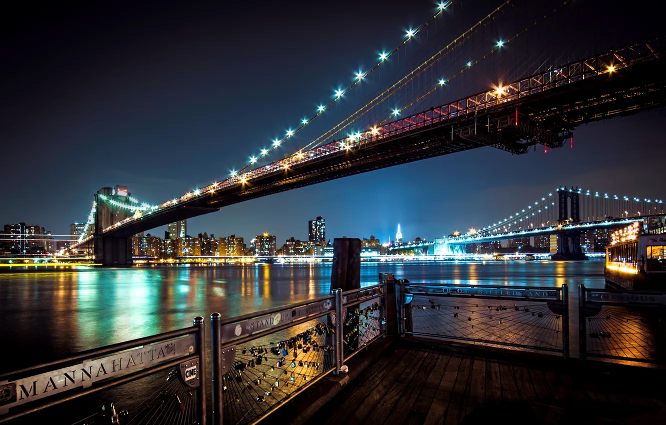 Фото обои ночь, мост, город, река, Нью-Йорк, подсветка, USA, Brooklyn