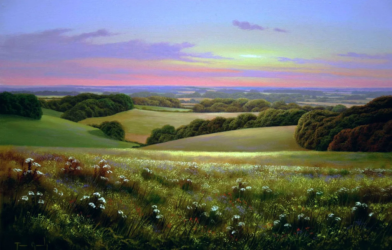 Фото обои пейзаж, закат, поляна, вечер, долина, луг, живопись, Terry Grundy