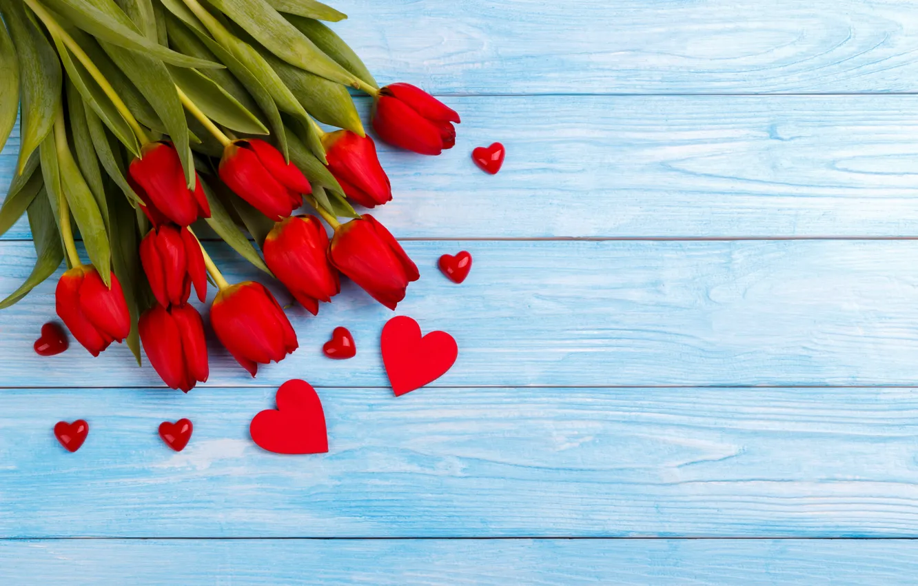 Фото обои букет, сердечки, тюльпаны, красные