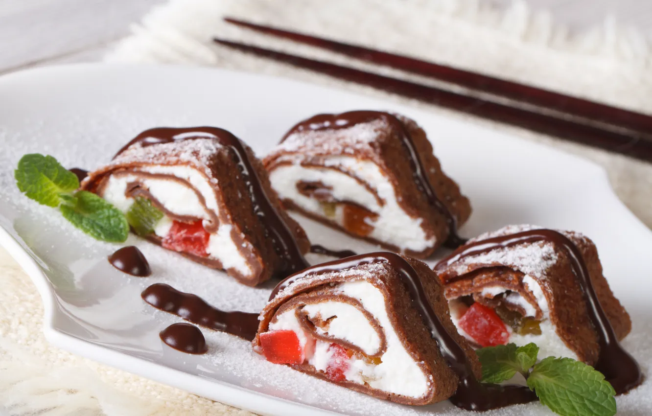Фото обои rolls, fruit, пирожное, десерт, шоколадное, chocolate