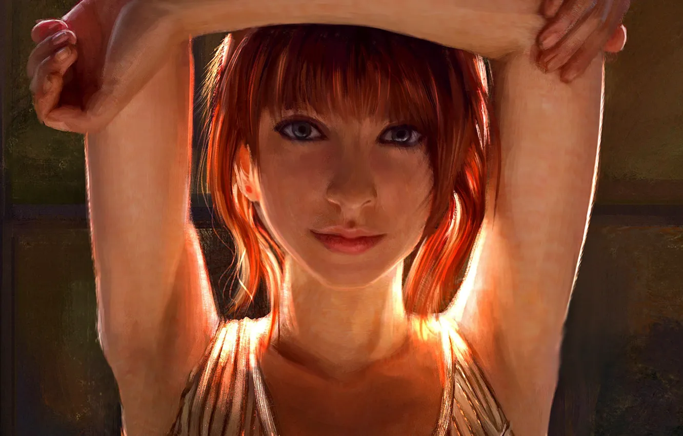 Фото обои взгляд, девушка, свет, рисунок, руки, арт, рыжая
