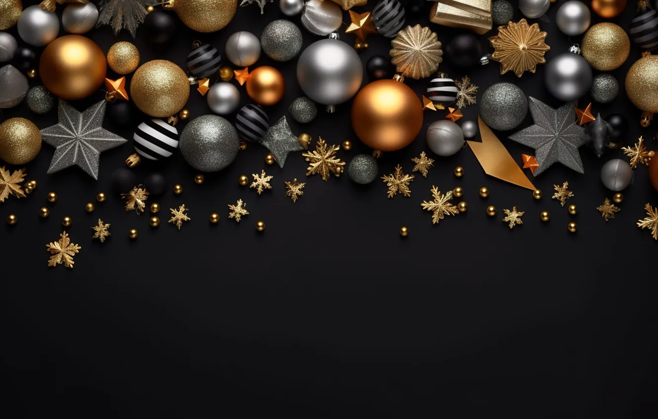 Фото обои фон, шары, новый год, Рождество, golden, black, Christmas, balls