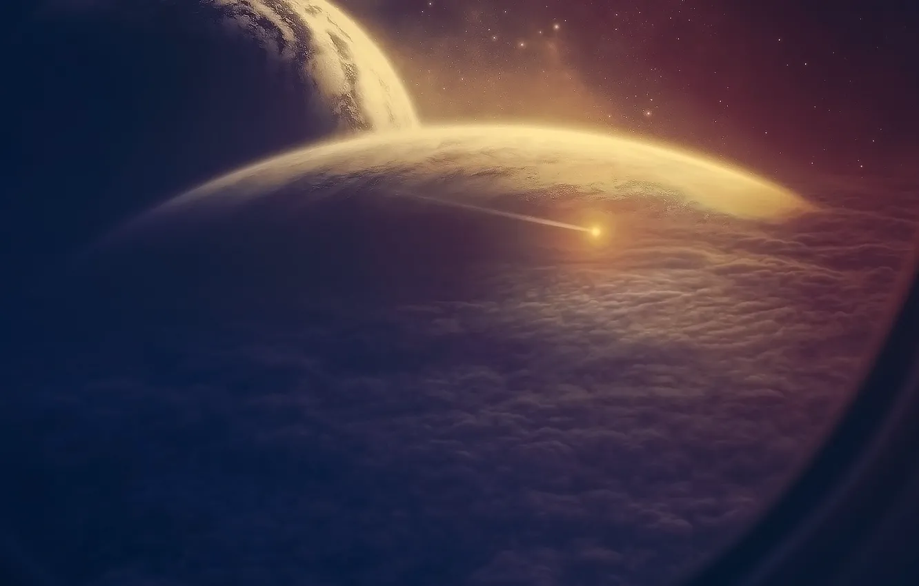 Фото обои космос, облака, корабль, планета, астероид, иллюминатор