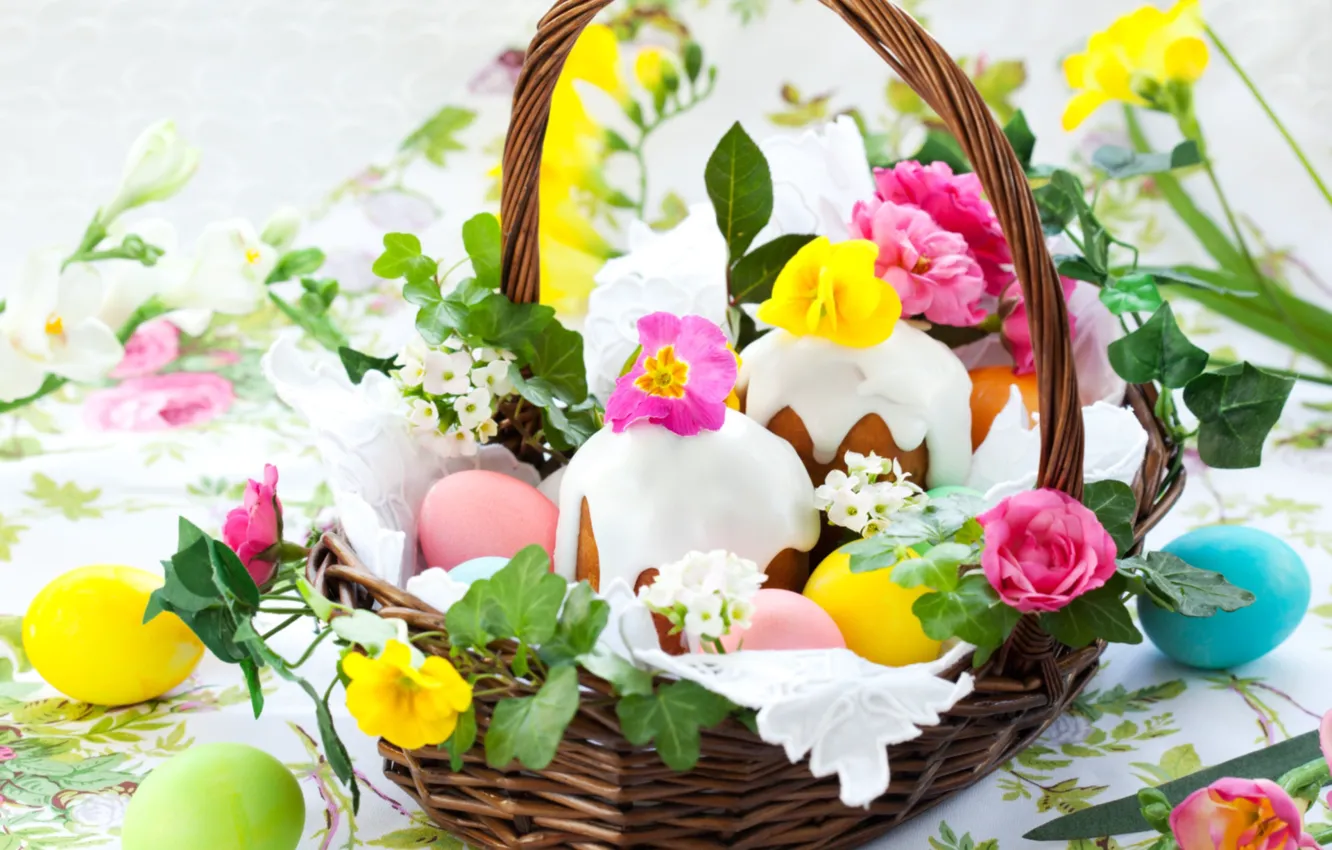 Фото обои цветы, яйца, Пасха, корзинка, кулич, примула