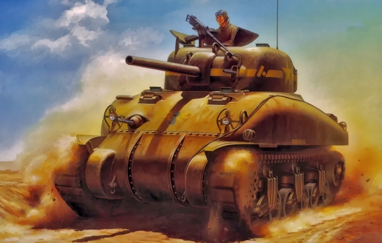 Фото обои art, painting, tank, ww2, M4A1 Sherman
