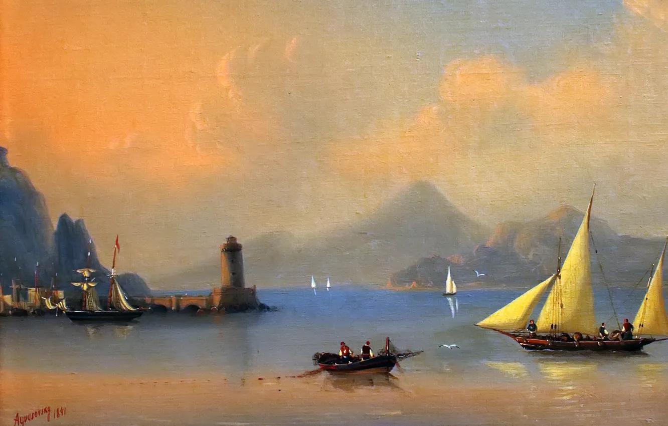 Фото обои горы, лодка, маяк, парусник, Италия, штиль, живопись, Айвазовский Иван
