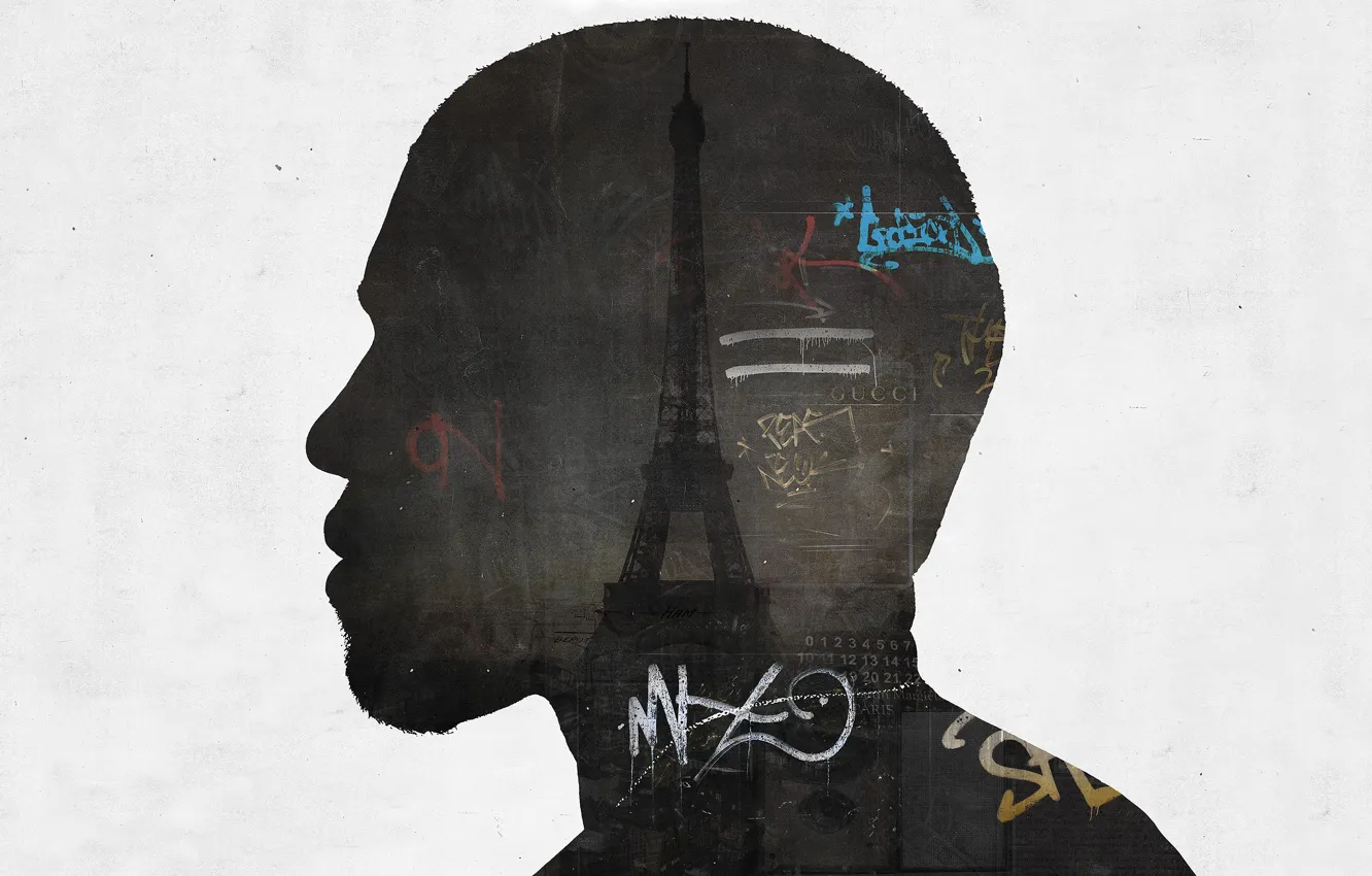 Фото обои надписи, работа, Париж, силуэт, профиль, Эйфелева башня, Paris, гранж