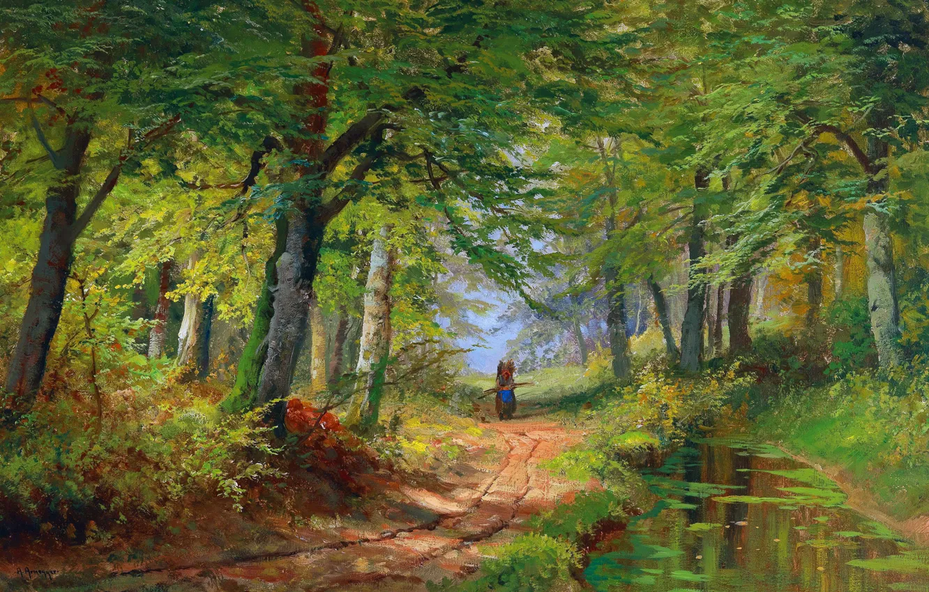 Фото обои Деревья, Картина, Alois Arnegger, Алоис Арнеггер, Австрийский живописец, Женьщина, Пейзаж с идущей женщиной