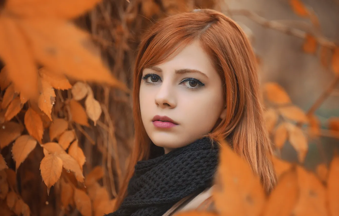 Фото обои осень, листья, девушка, ветки, природа, модель, портрет, макияж
