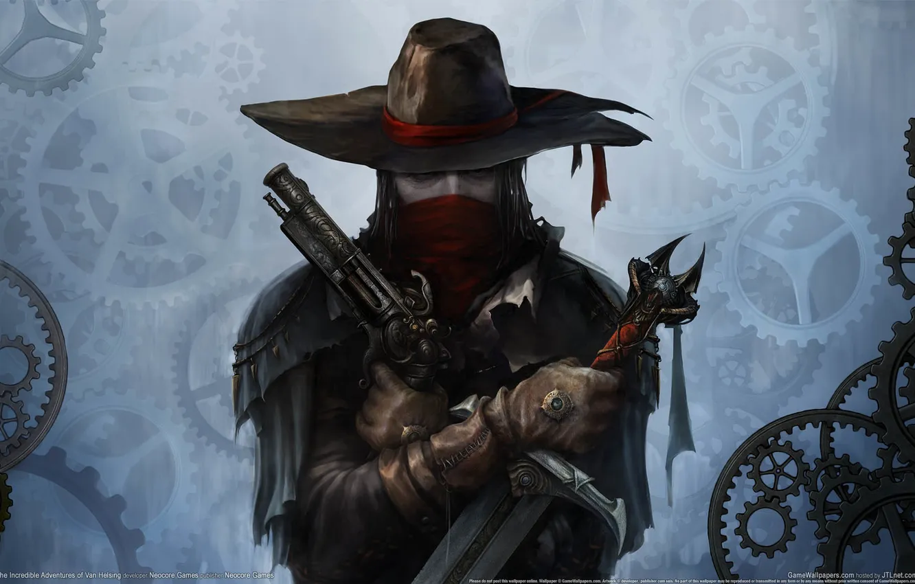 Фото обои пистолет, оружие, крест, меч, Van Helsing, охотник, game wallpapers, Ван Хельсинг