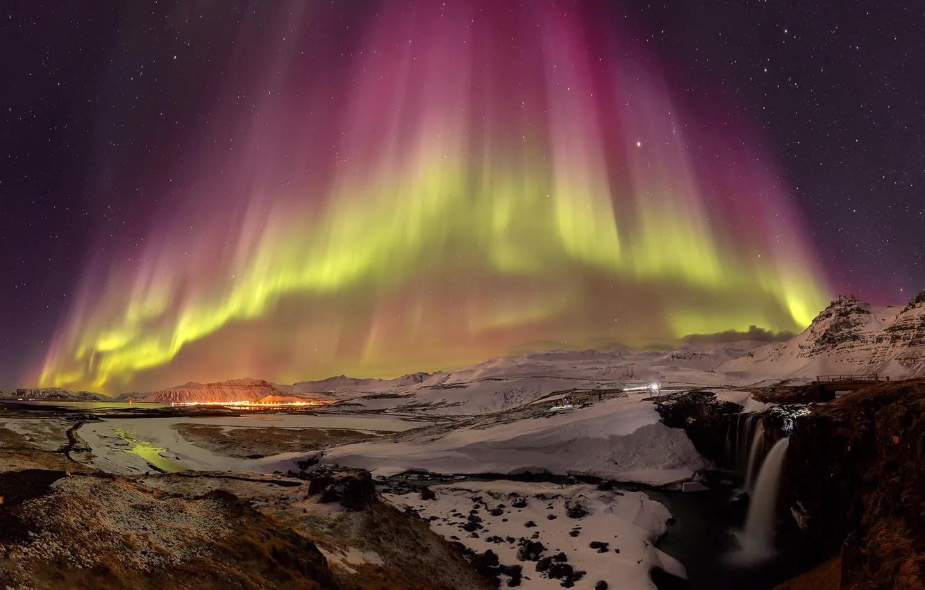 Фото обои звезды, ночь, северное сияние, Исландия