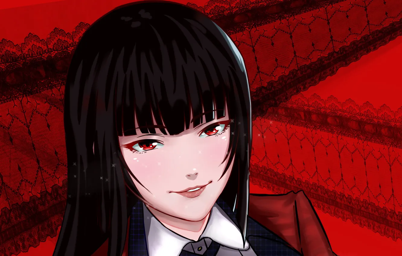 Фото обои red, girl, anime, red eyes, face, japanese, bishojo, Kakegurui