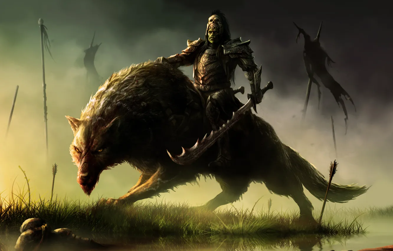 Фото обои Fantasy, Art, Warrior, Wolf, Orc Rider, Warchief