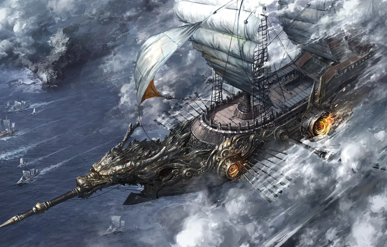 Фото обои огонь, корабль, паруса, solo, вёсла