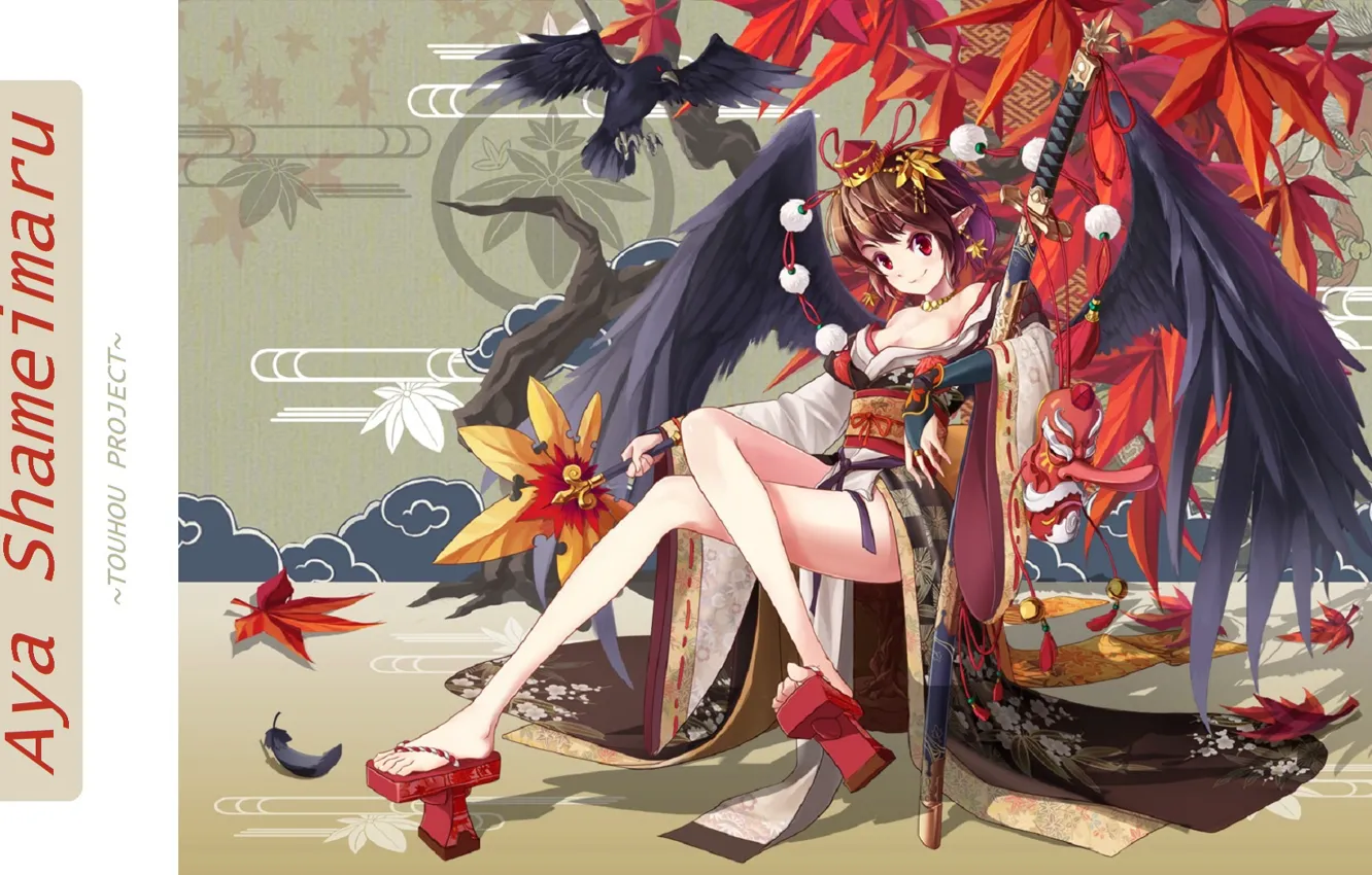 Фото обои узор, катана, декольте, кимоно, ворон, Aya Shameimaru, кленовые листья, ножны