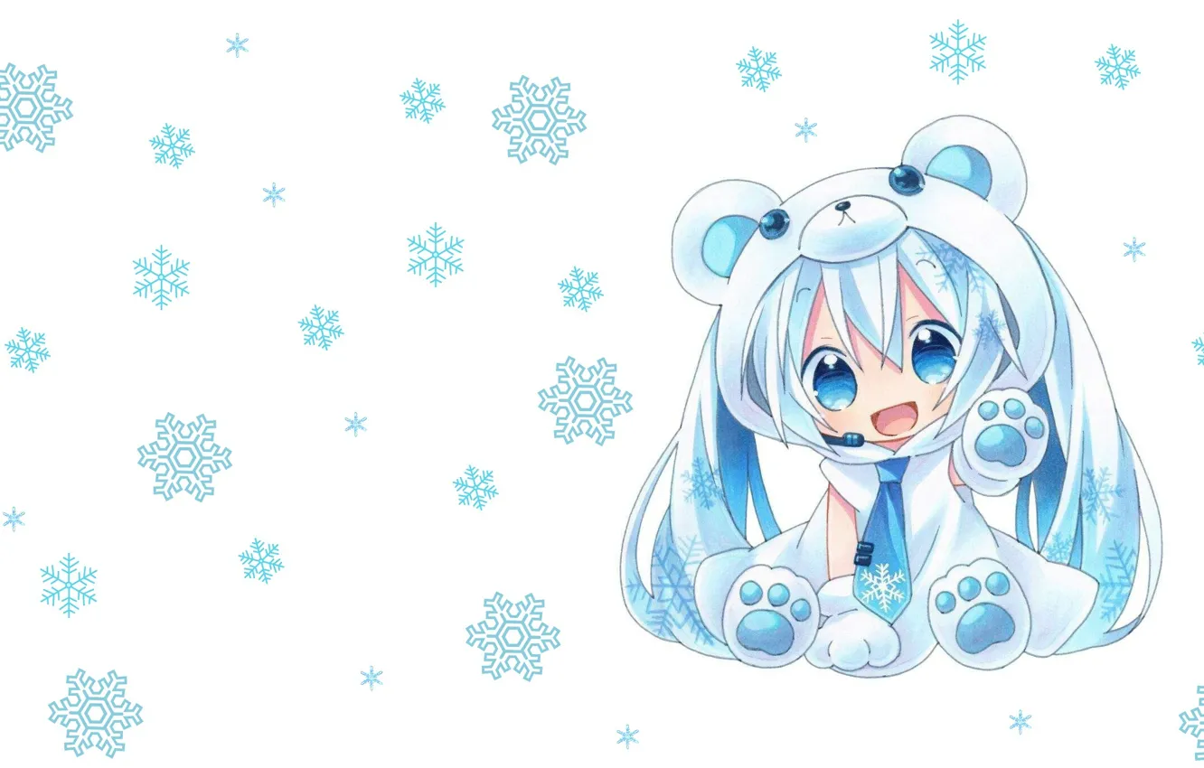 Фото обои аниме, арт, чиби, малышка, вокалоид, снежинка, костюмчик, Hatsune