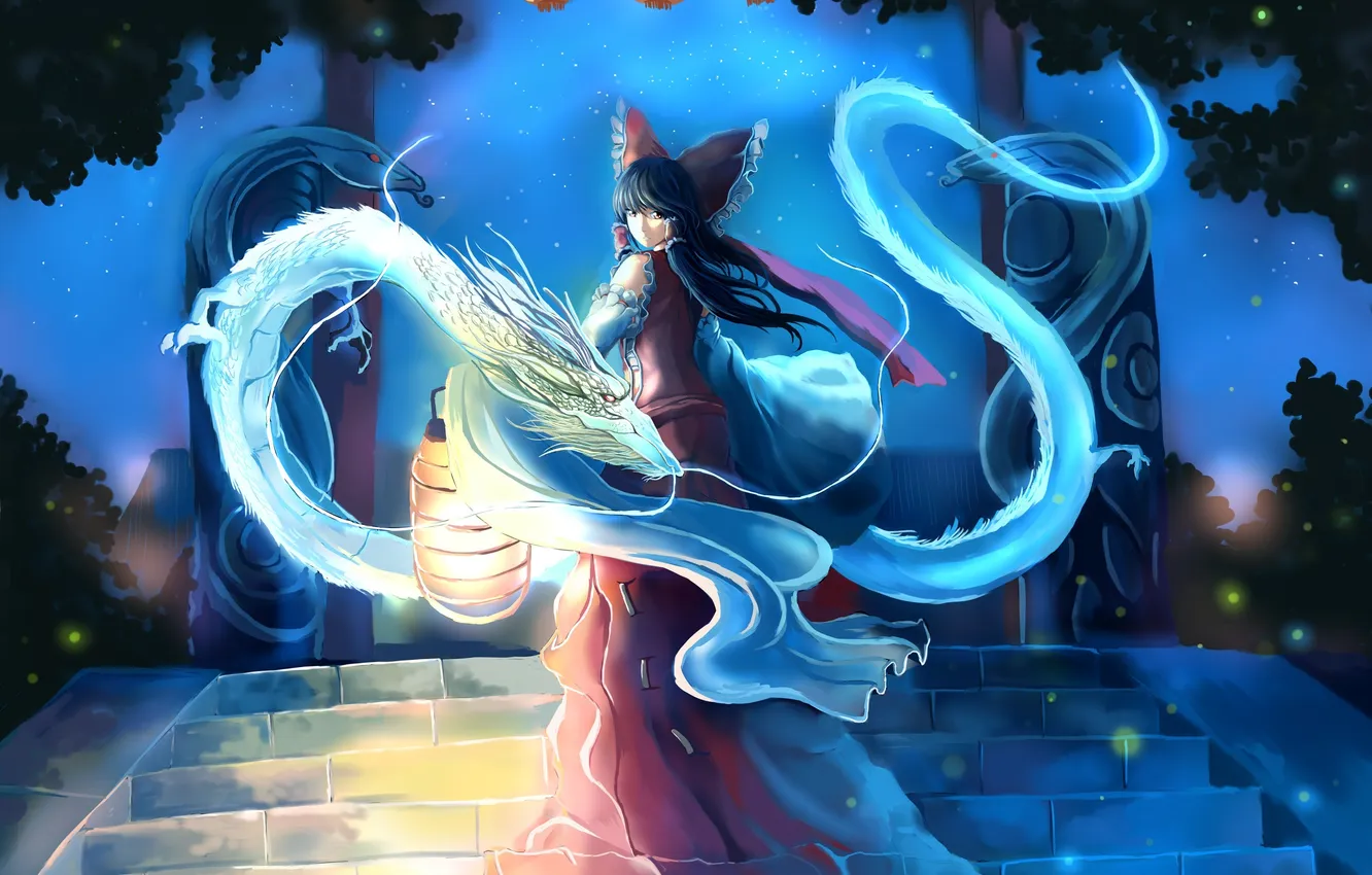 Фото обои змеи, взгляд, девушка, ночь, дракон, touhou, art, hakurei reimu