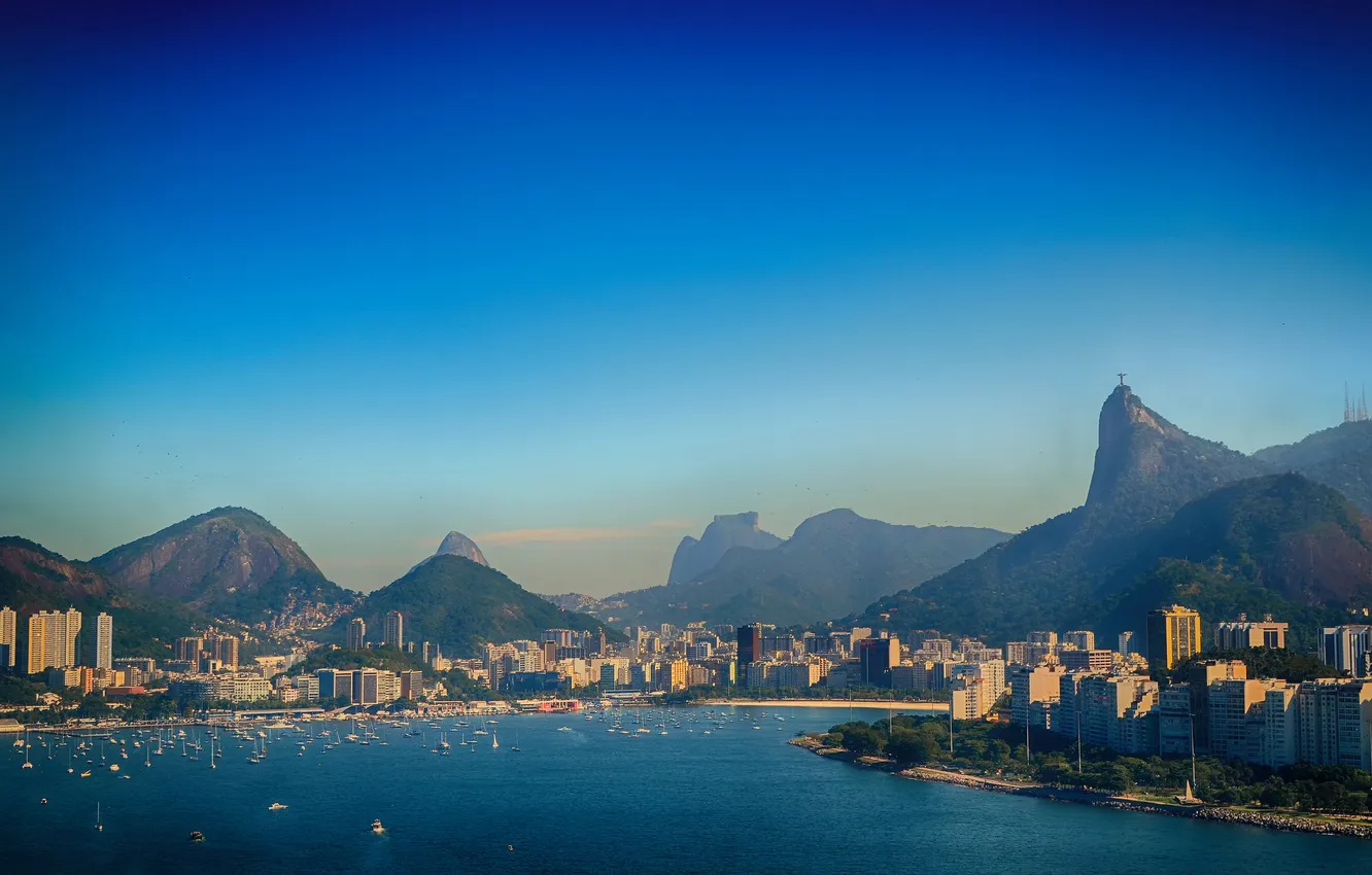 Фото обои лодки, залив, Бразилия, Рио-де-Жанейро, Корковадо, Христа, Muntains