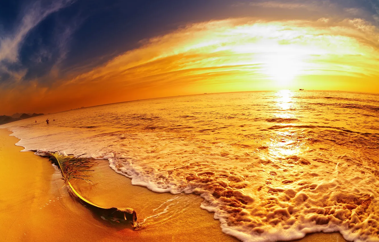 Фото обои песок, море, небо, закат, люди, ветка, прибой, яркость