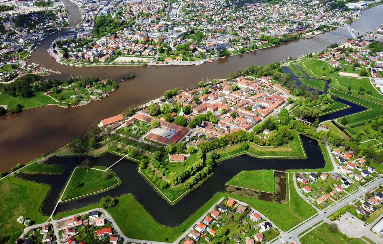Фото обои река, дома, Норвегия, панорама, мосты, вид сверху, Fredrikstad