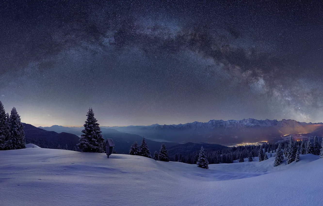 Фото обои зима, небо, звезды, снег, Германия, Бавария, Млечный Путь