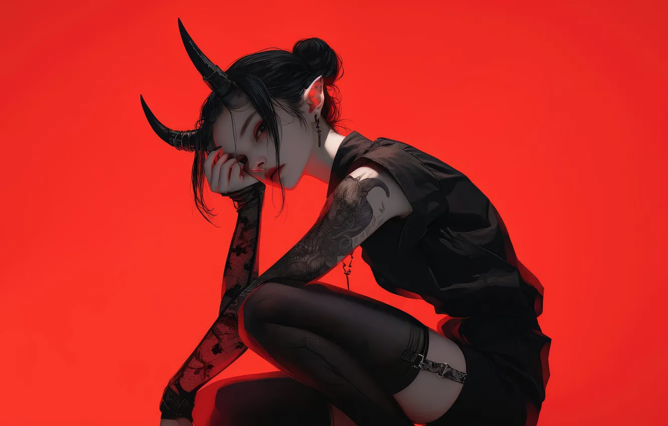 Фото обои Tattoo, red background, Horn, Anime Girls, Demon Girl
