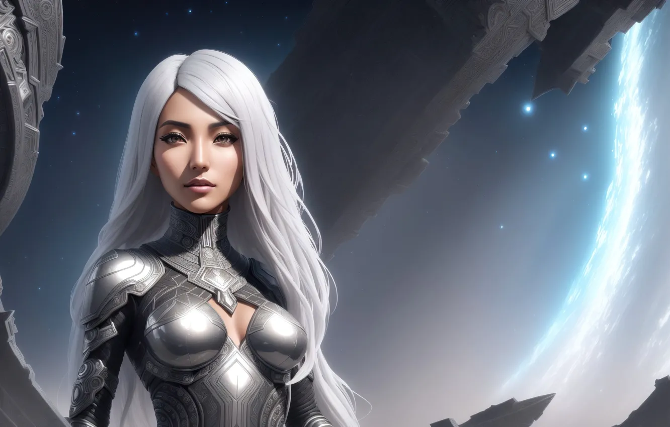 Фото обои future, space, girl, fantasy, armor, art, blond, digital art