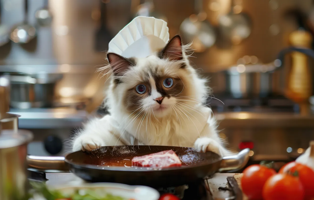 Фото обои кошка, взгляд, поза, котенок, кухня, плита, мясо, посуда