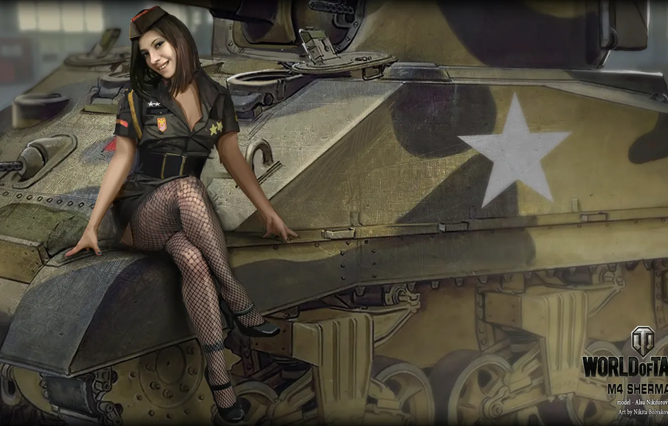 Фото обои девушка, брюнетка, танк, girl, Америка, танки, WoT, Мир танков