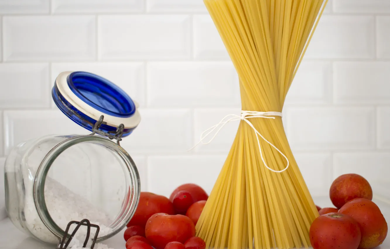 Фото обои food, bouquet, tomatoes, salt, pasta, spaghetti