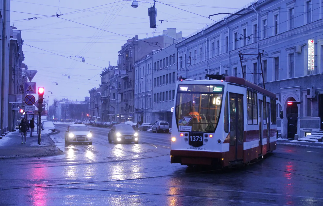 Фото обои Вечер, Трамвай, Санкт-Петербург, Садовая улица