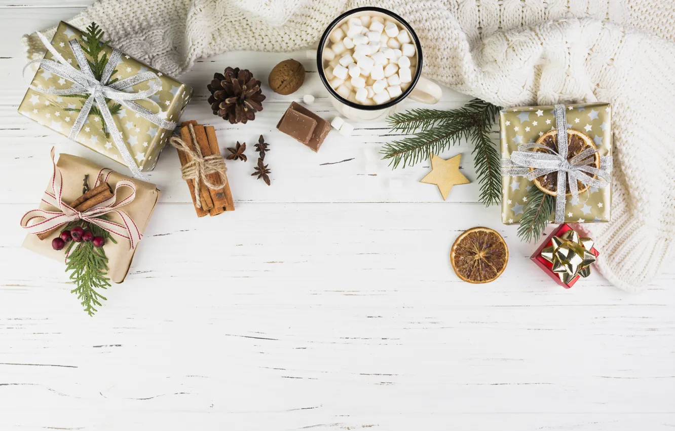 Фото обои праздник, горячий, шоколад, подарки, Новый год, корица, Star, wood
