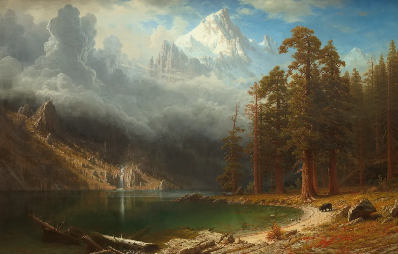 Фото обои горы, берег, водоём, Albert Bierstadt, Mount Corcoran