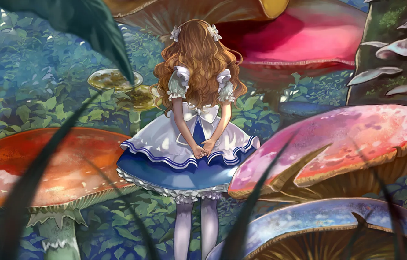 Фото обои грибы, Алиса, девочка, бантики, Alice in Wonderland, Alice