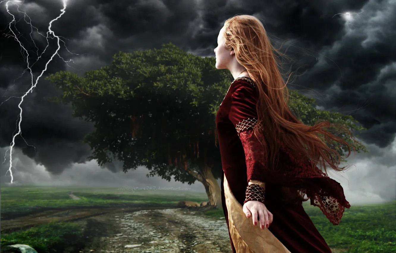 Фото обои девушка, шторм, природа, дерево, молния, платье, средневековье