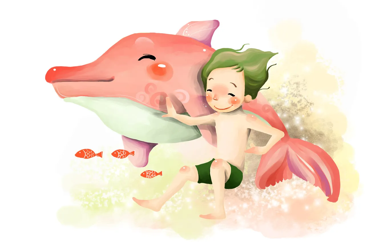 Фото обои рыбки, дельфин, улыбка, рисунок, мальчик, ребёнок, под водой, пикосновение