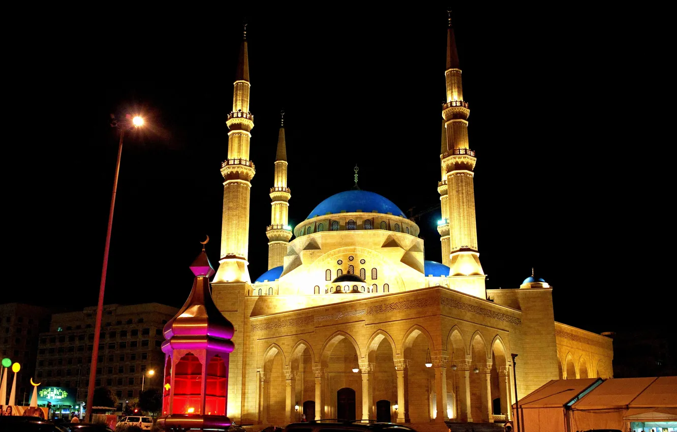 Фото обои ночь, night, Ливан, Beirut, Бейрут, Lebanon, mosque Al-Omari, Мечеть Аль-Омари
