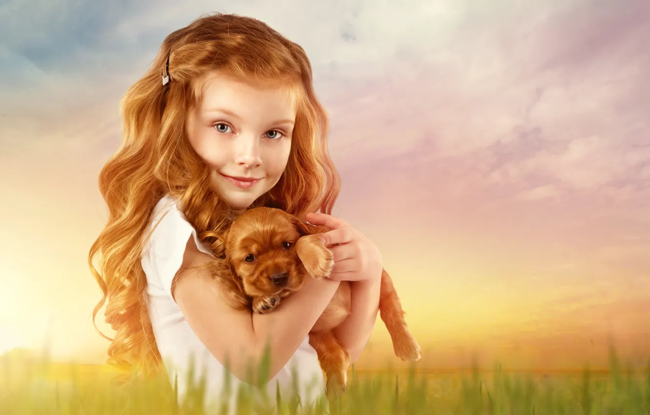 Фото обои фон, волосы, ребенок, девочка, щенок, рыжая