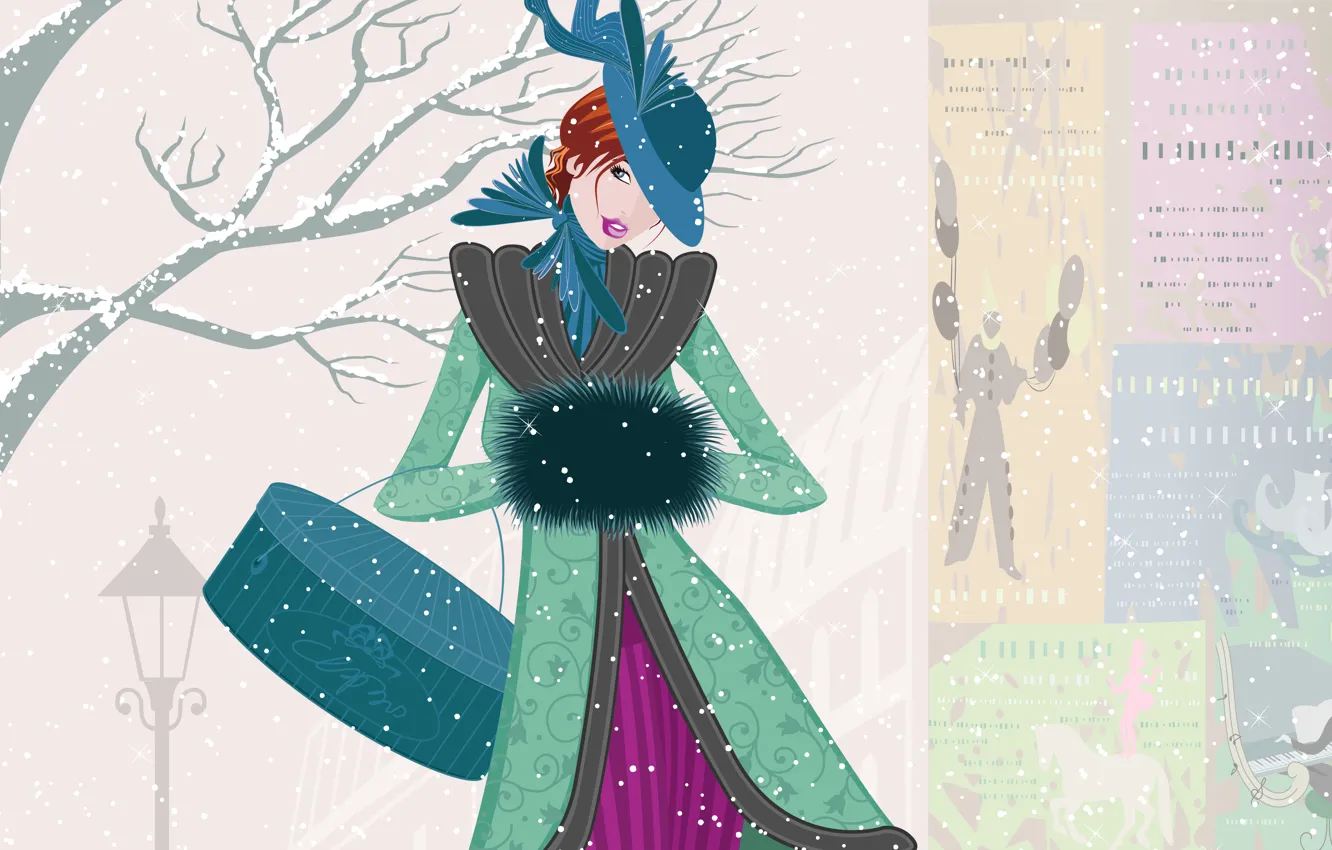 Фото обои зима, взгляд, девушка, снег, вектор, шляпка, пальто, винтаж