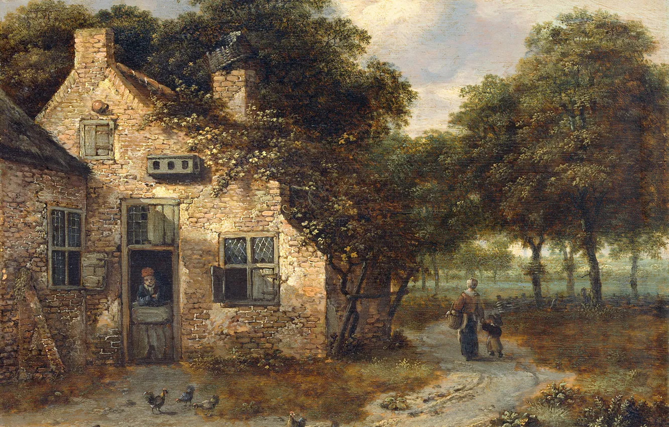 Фото обои пейзаж, дерево, масло, картина, Крестьянский Дом, Ян Вейнантс
