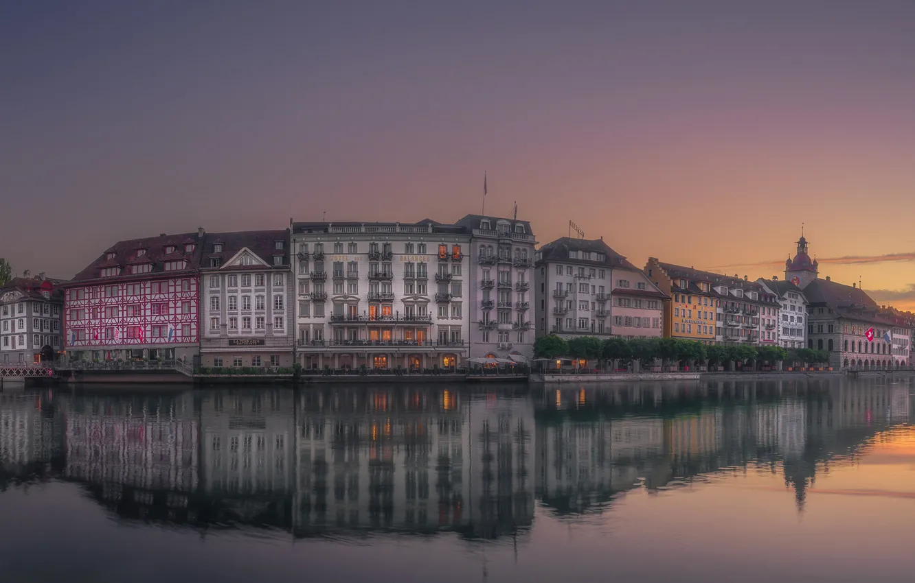 Фото обои отражение, река, здания, дома, Швейцария, набережная, Switzerland, Люцерн