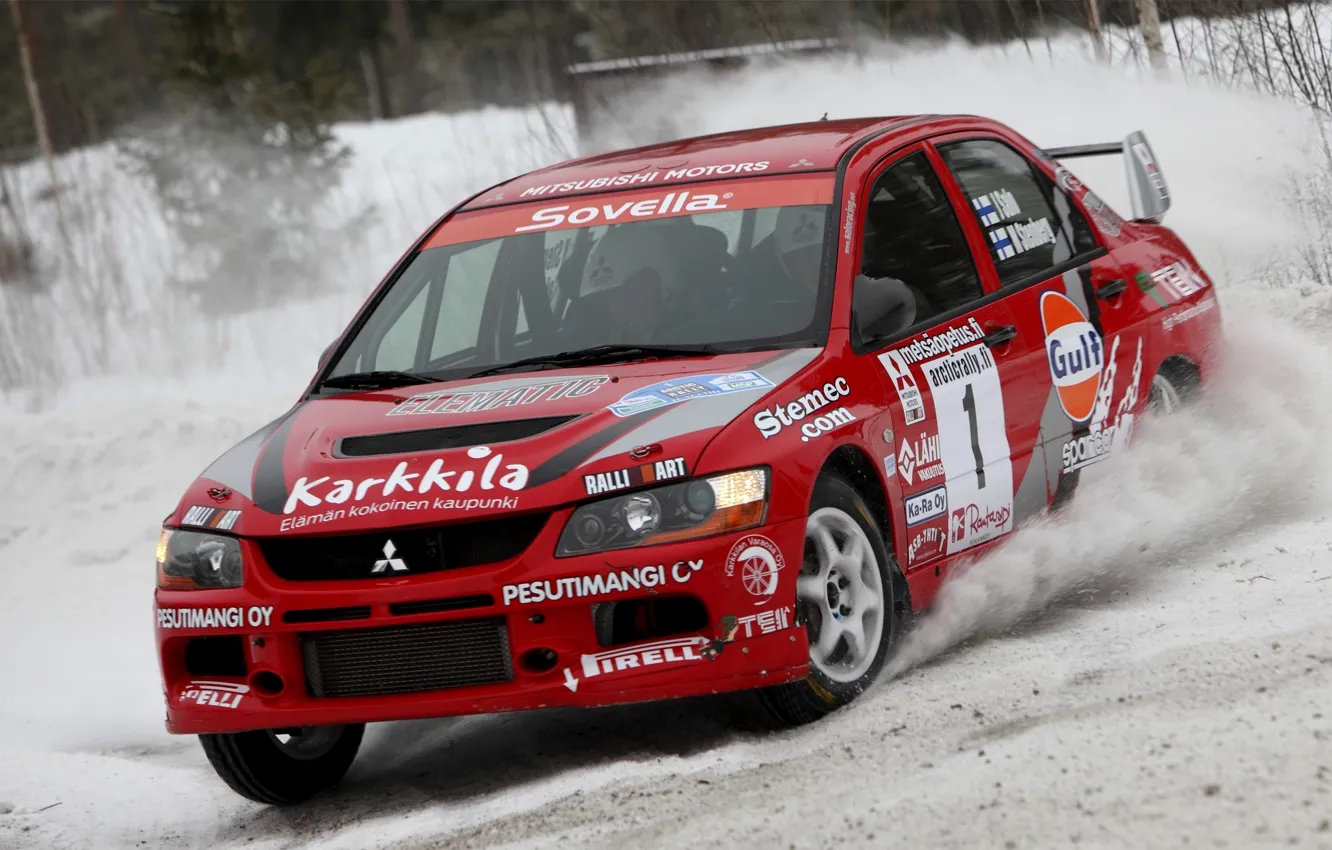 Фото обои Красный, Снег, Гонка, Mitsubishi, Lancer, Evolution, Rally