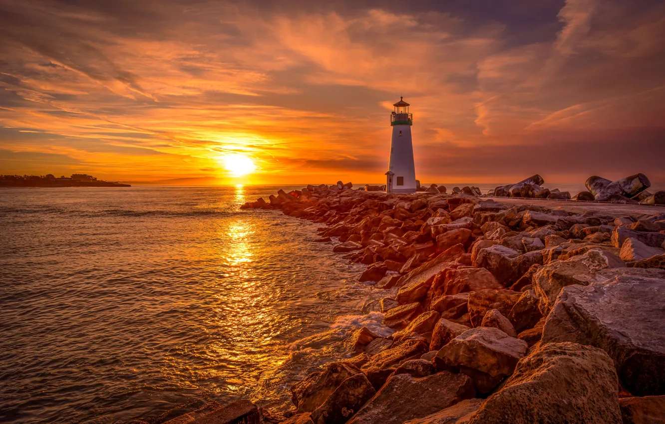 Фото обои море, восход, камни, рассвет, маяк, утро, Калифорния, California