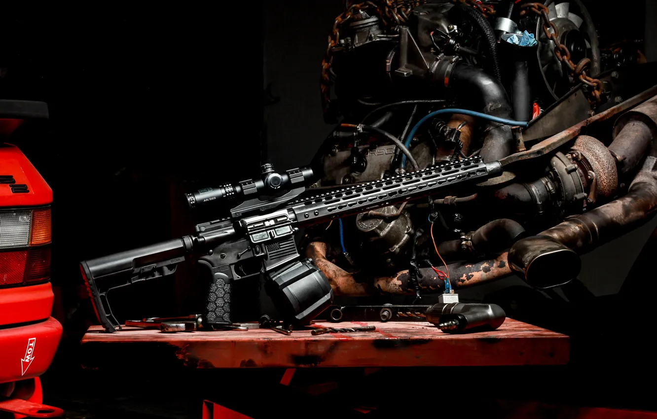Фото обои американская, AR-15, полуавтоматическая винтовка, мотор машины