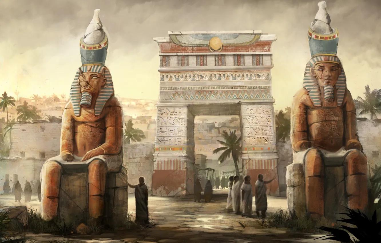Фото обои город, люди, арт, арка, статуи, египет