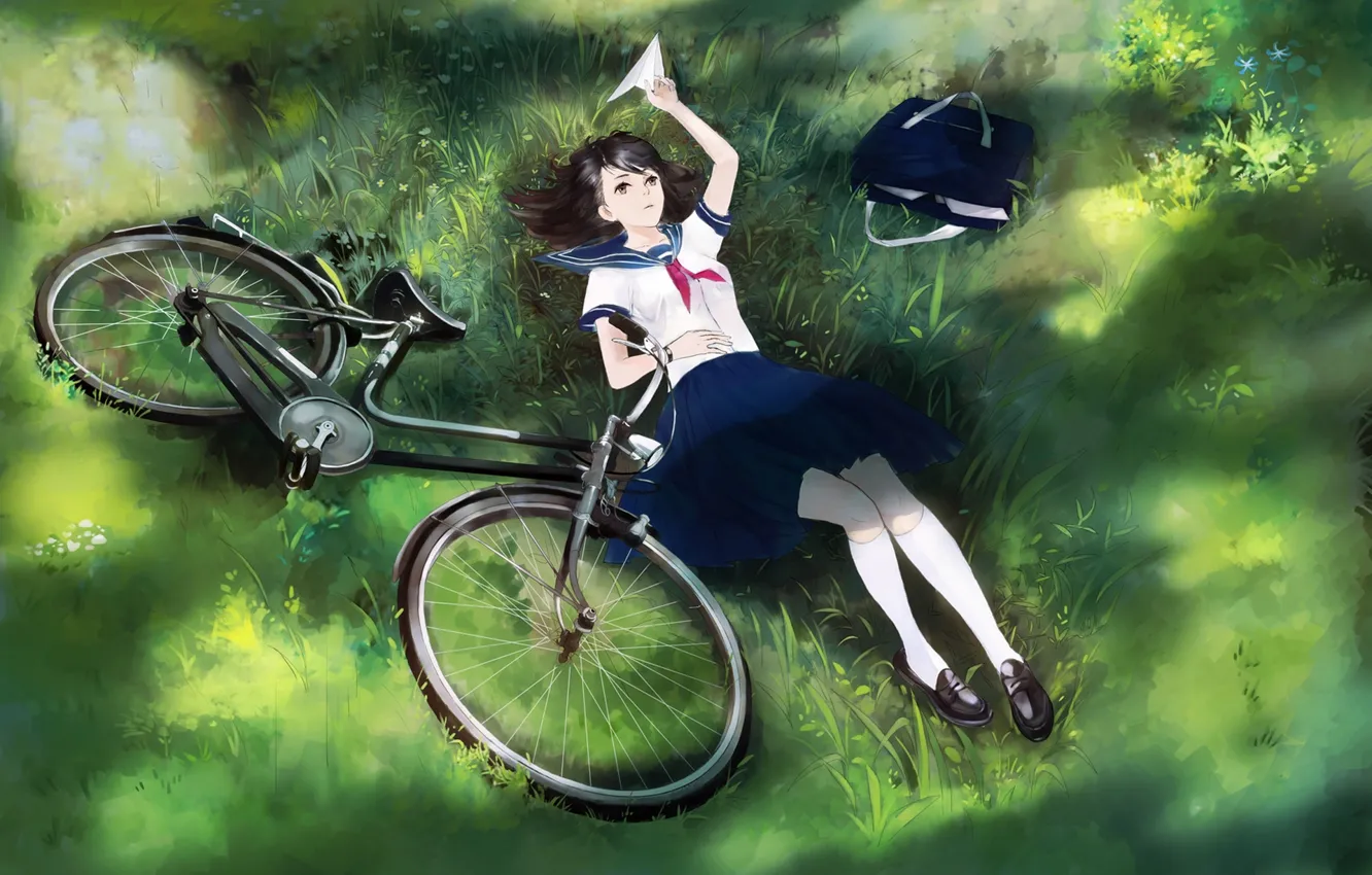 Фото обои девушка, велосипед, аниме, арт, форма, школьница, сумка, самолетик