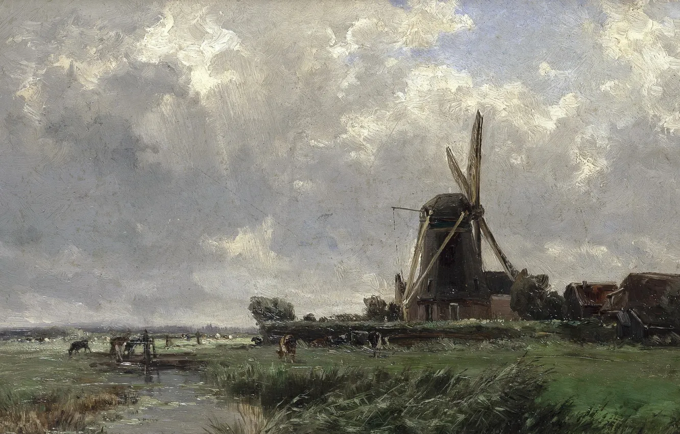Фото обои пейзаж, природа, река, ручей, картина, Карлос де Хаэс, Голландская Мельница