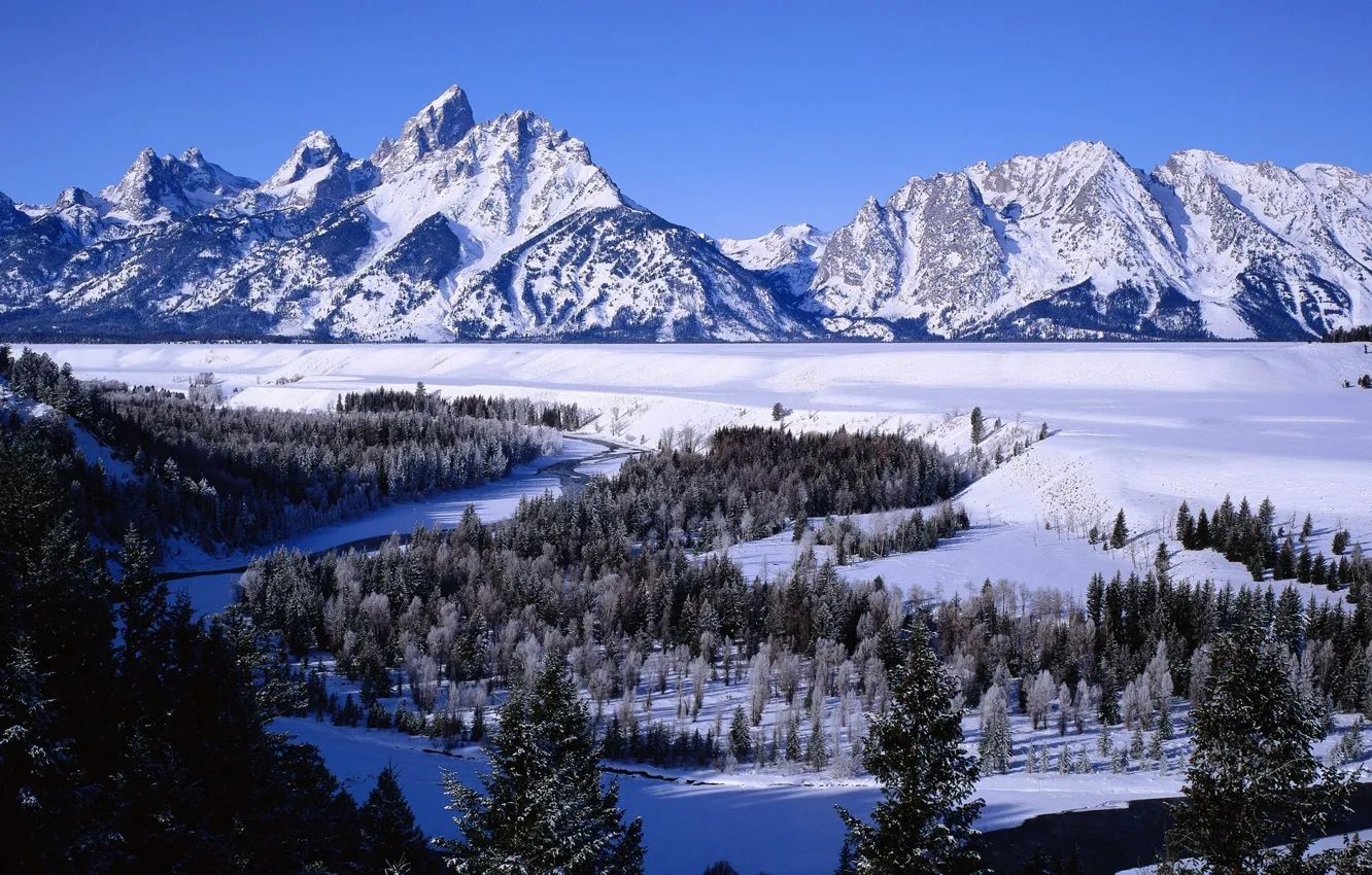 Фото обои зима, снег, горы, река, леса