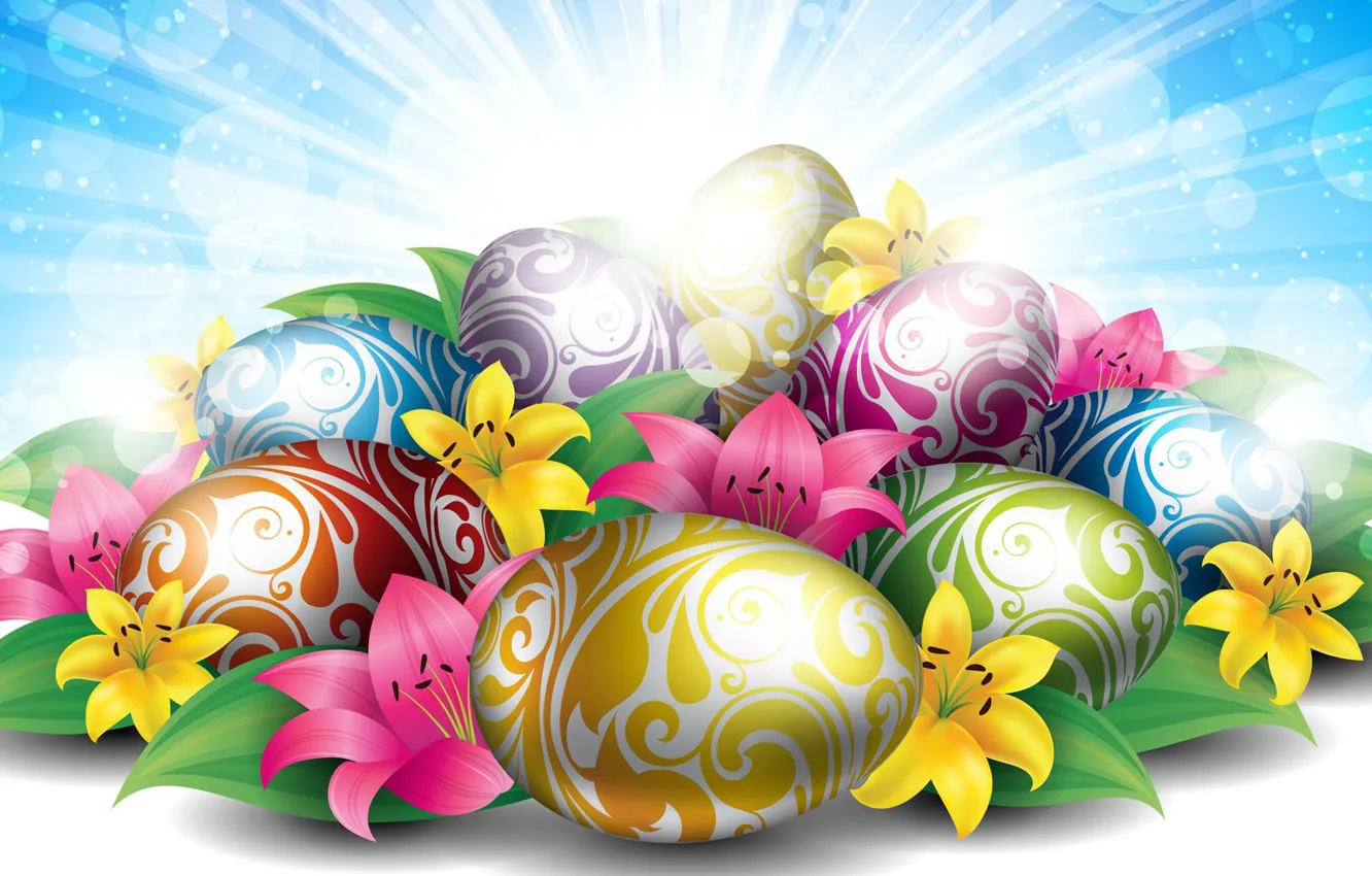 Фото обои праздник, яркие, яйца, весна, пасха, крашенки