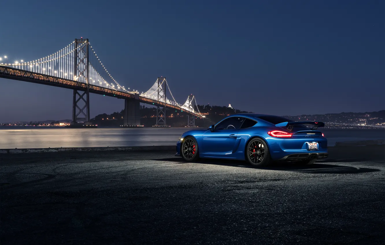 Фото обои Porsche, Dark, Cayman, Car, Blue, Bridge, Night, Sport